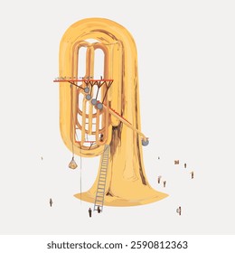 Giant tuba illustration with tiny people climbing. Large tuba, tiny figures, surreal art. People interacting with oversized tuba. Whimsical, imaginative scene. Vintage illustration isolated, vector.