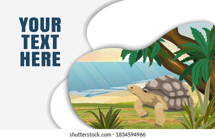 Giant turtle Aldabra on the coast of a tropical island. Aldabrachelys gigantea. Animal of the Pacific Islands. Realistic vector landscape. Landing page template with layered shadows.