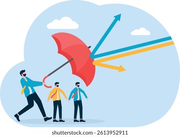 The giant used an umbrella to protect the businessman from the risk of being hit by an arrow.


