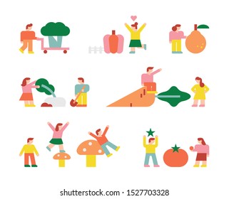 Giant vegetables and cute kids. flat design style minimal vector illustration.