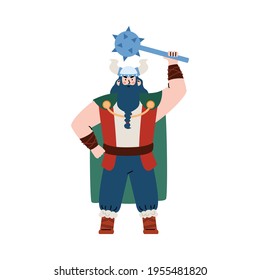 Guerrero viking gigante con barba y mace de ilustración vectorial plana aislado.