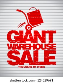 Giant warehouse sale design template with hand truck, vector