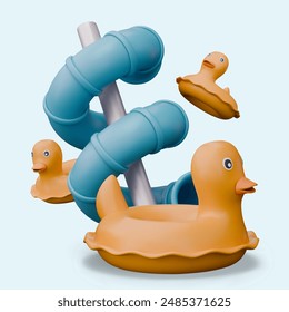 Giant water slide tunnel, inflatable ducks ring. Safe games in water