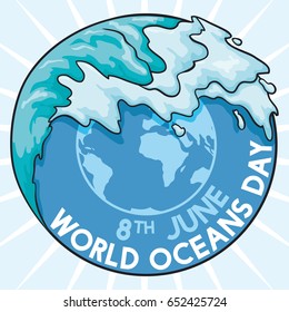 Giant wave design covering a round button with a Earth Planet silhouette in the celebration of World Oceans Day.