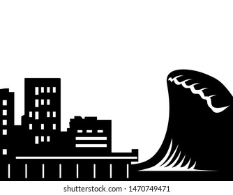 giant wave or tzunami hit the city, vector illustration 