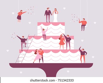 Giant wedding cake and small people character poster concept vector illustration flat design