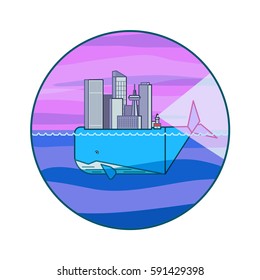 Giant whale swimming in the sea while carrying a city on it's back, with a light house beaming a spot light behind them.