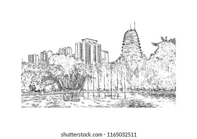 Giant Wild Goose Pagoda or Big Wild Goose Pagoda, is a Buddhist pagoda located in southern Xi'an, Shaanxi province, China. Hand drawn sketch illustration in vector.