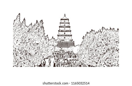 Giant Wild Goose Pagoda or Big Wild Goose Pagoda, is a Buddhist pagoda located in southern Xi'an, Shaanxi province, China. Hand drawn sketch illustration in vector.