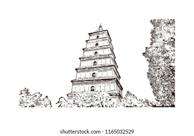 Giant Wild Goose Pagoda or Big Wild Goose Pagoda, is a Buddhist pagoda located in southern Xi'an, Shaanxi province, China. Hand drawn sketch illustration in vector.