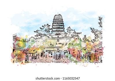 Giant Wild Goose Pagoda or Big Wild Goose Pagoda, is a Buddhist pagoda located in southern Xi'an, Shaanxi province, China. Hand drawn sketch illustration in vector.