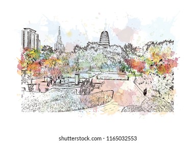 Giant Wild Goose Pagoda or Big Wild Goose Pagoda, is a Buddhist pagoda located in southern Xi'an, Shaanxi province, China. Hand drawn sketch illustration in vector.