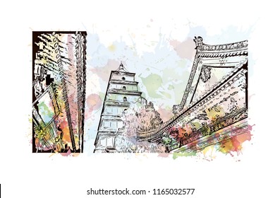 Giant Wild Goose Pagoda or Big Wild Goose Pagoda, is a Buddhist pagoda located in southern Xi'an, Shaanxi province, China. Hand drawn sketch illustration in vector.