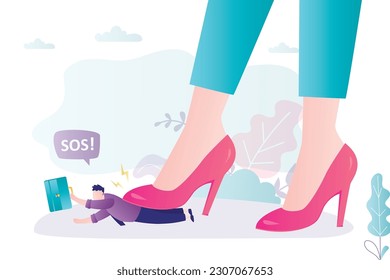 Giant woman legs put pressure on lying worker man. Gender inequality, feminism concept. Sexism at work and business. Female boss exerts psychological pressure on male employee. Bullying, violence.