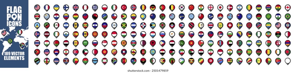 Giant world flag set. All World Flags. Vector Round Pin Flat Icons