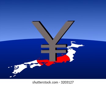 giant Yen sign with Japanese map and flag from space