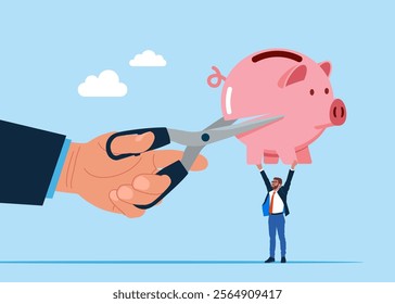 Giant's hand uses scissors to cut piggy bank. Divide money, share profits. Cost reduction or cut price. Modern flat vector illustration