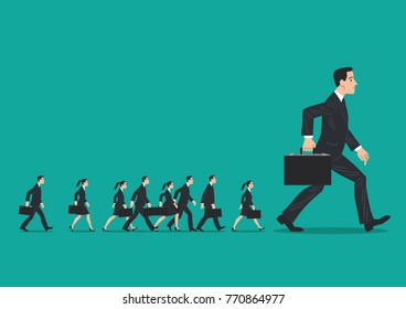 A giant-sized businessman, followed by a row of tiny businessmen and women. Vector illustration, cartoon style.