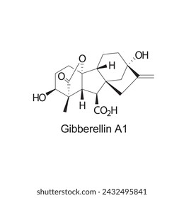 Gibberellin A1 skeletal structure diagram.Sesquiterpene compound molecule scientific illustration on white background.