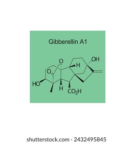 Gibberellin A1 skeletal structure diagram.Sesquiterpene compound molecule scientific illustration on green background.