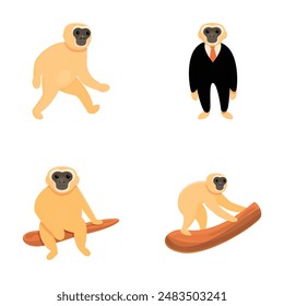 Gibbon icons set cartoon vector. Gibbon primate, mammal. Monkey, wildlife