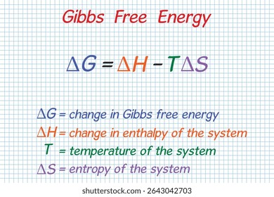 Gibbs Free Energy. School. Notebook. Cage. Homework.  Education. Science. Vector illustration.