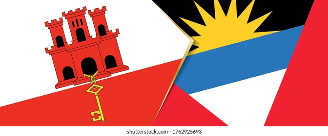 Die Flaggen Gibraltar und Antigua und Barbuda, zwei Vektorfahnen Symbol für Beziehung oder Konfrontation.