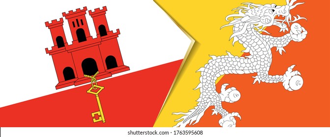 Gibraltar and Bhutan flags, two vector flags symbol of relationship or confrontation.