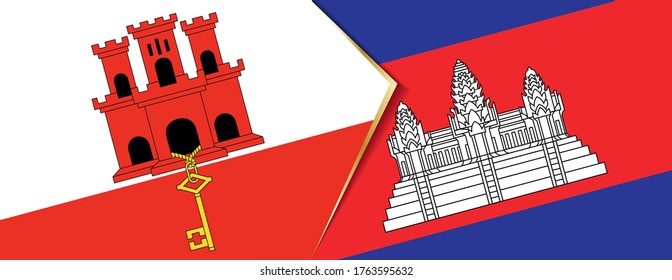 Gibraltar and Cambodia flags, two vector flags symbol of relationship or confrontation.