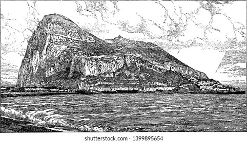 Gibraltar is connected with the Spanish mainland only by a flat strip of sandy ground, vintage line drawing or engraving illustration.