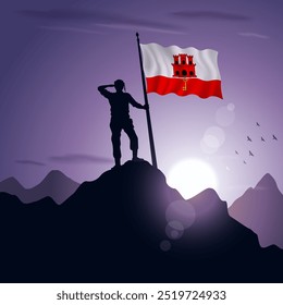 Bandeira de Gibraltar içada em um pico de montanha com um pôr do sol roxo no fundo, ilustração vetorial