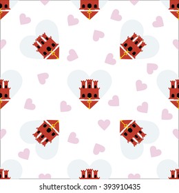 Gibraltar flag independence day seamless pattern. Patriotic country flag background. Gibraltar flag in the shape of heart. Vector seamless pattern.