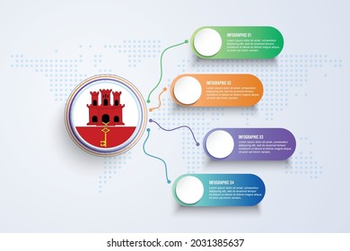 Gibraltar Flag with Infographic Design isolated on Dot World map. Vector illustration.