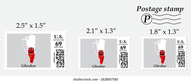 Gibraltar flag map on postage stamp different size.