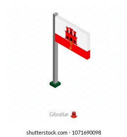 Gibraltar Flag on Flagpole in Isometric dimension. Vector illustration.