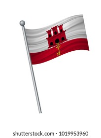 Gibraltar flag on the flagpole. Official colors and proportion correctly. waving of Gibraltar flag on flagpole, vector illustration isolate on white background.
