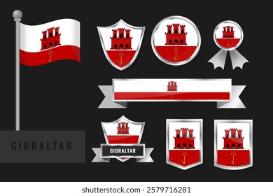 Gibraltar flag set. Collection of Gibraltarian national emblems. Flat design of flags collection.