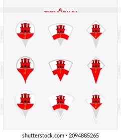 Gibraltar flag, set of location pin icons of Gibraltar flag. Vector illustration of national symbols.