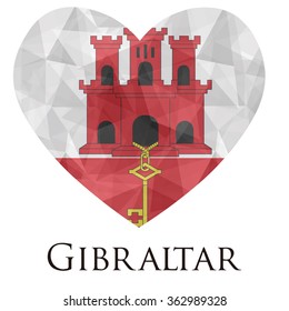 Gibraltar flag shape heart in geometric rumpled triangular low poly origami style graphic illustration,mosaic polygonal style.Symbol of love to country.Retro or vintage style background.