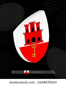 Gibraltar Flag Shield icon in 3D on Dark Modern Abstract Rugby Background. Perfect for sports events, heritage themes, national celebrations, and patriotic designs.