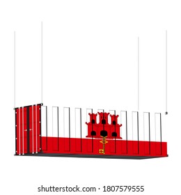 Gibraltar flag symbol on cargo containers hang by chain, the concept import and export business of country.