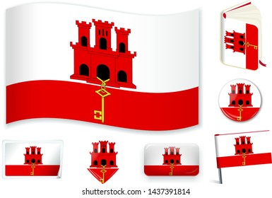 Gibraltar flag in wave, book, circle, pin, button, heart and sticker shapes.