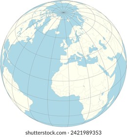 Gibraltar in focus on the orthographic projection of the world map, emphasizing its strategic position at the gateway to the Mediterranean.