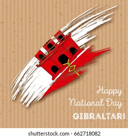 Gibraltar Independence Day Patriotic Design. Expressive Brush Stroke in National Flag Colors on kraft paper background. Happy Independence Day Gibraltar Vector Greeting Card.