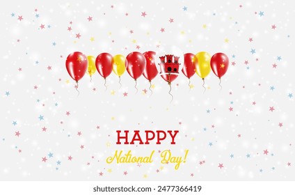 Gibraltar Independence Day Sparkling Patriotic Poster. Row of Balloons in Colors of the Gibraltar Flag. Greeting Card with National Flags, Confetti and Stars.
