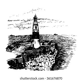 Gibraltar landscape lighthouse at Cape Point Europe overlooking the Atlantic Ocean and the Strait of Gibraltar,  ink sketch graphic vector illustration
