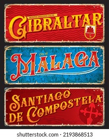 Gibraltar, Malaga, Santiago de compostela spanish city plates and travel stickers. Spain regions vector vintage plaques, scratchy banners with coat of arms and ornament. Touristic grunge signboards