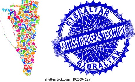 Gibraltar map abstraction. Splash mosaic map and corroded badge for Gibraltar. Sharp rosette blue badge with text for Gibraltar map.