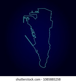 Gibraltar map: blue glitter outline with sparkling stars on dark background. Detailed map of Gibraltar. Vector illustration.