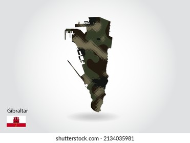 mapa de gibraltar con patrón de camuflaje, Selva - textura verde en el mapa. Concepto militar para el ejército, los soldados y la guerra. escudo de armas, bandera.